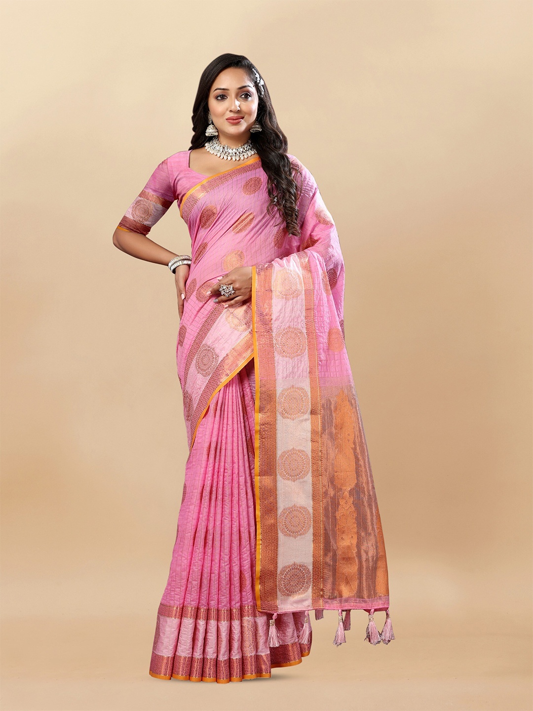 

bansari textiles Geometric Woven Design Zari Silk Cotton Banarasi Saree, Pink