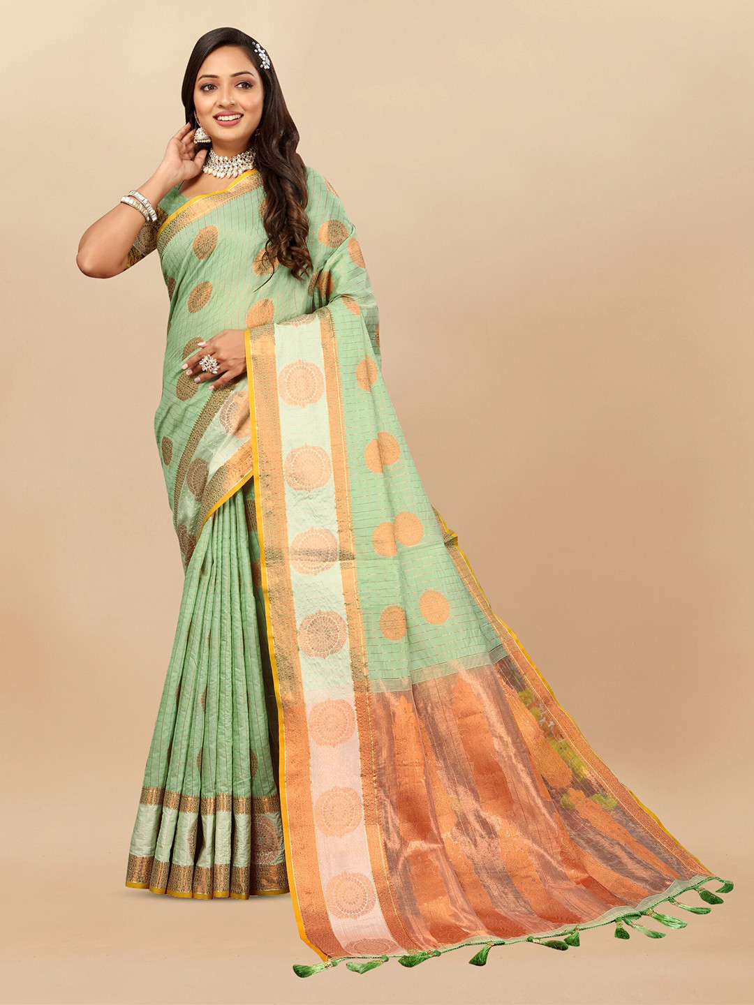

bansari textiles Geometric Woven Design Zari Silk Cotton Banarasi Saree, Fluorescent green