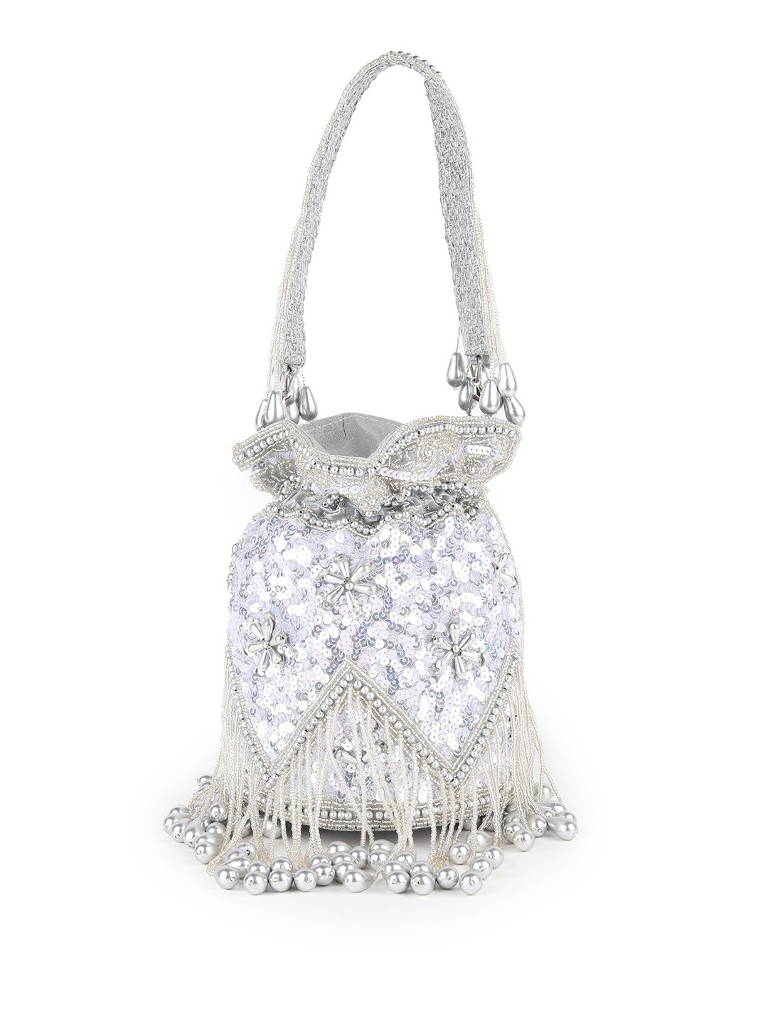 

ODETTE Embroidered Potli Clutch, Silver