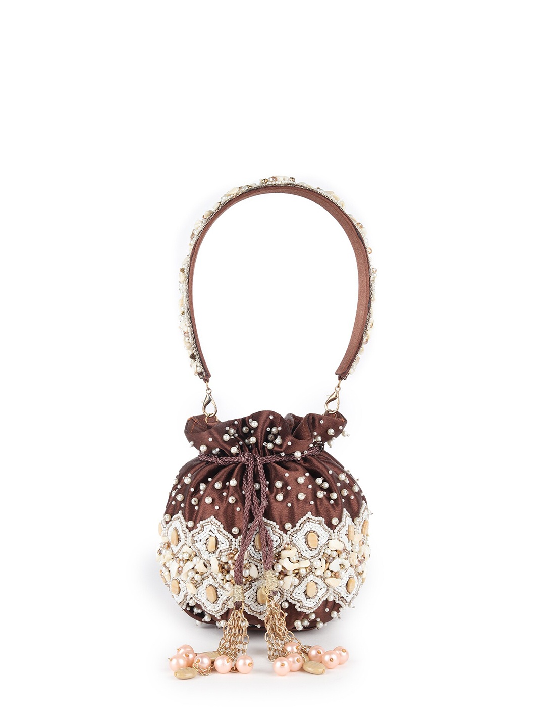 

ODETTE Embroidered Potli Clutch, Brown