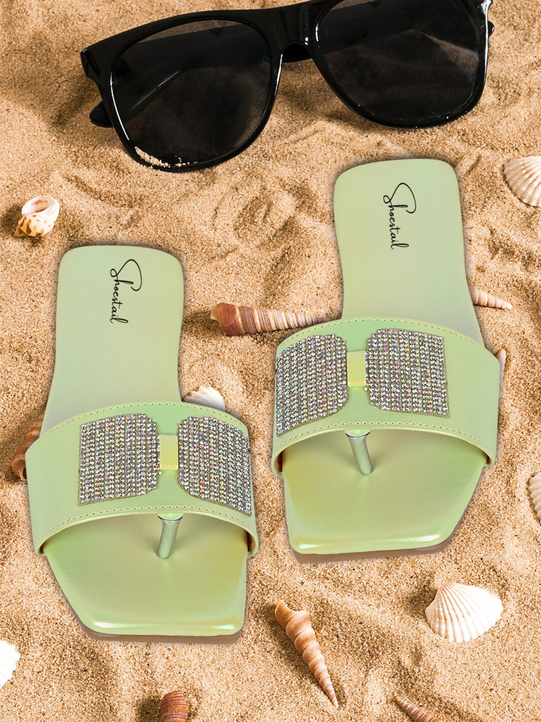

Shoestail Embellished Open Toe Flats, Green