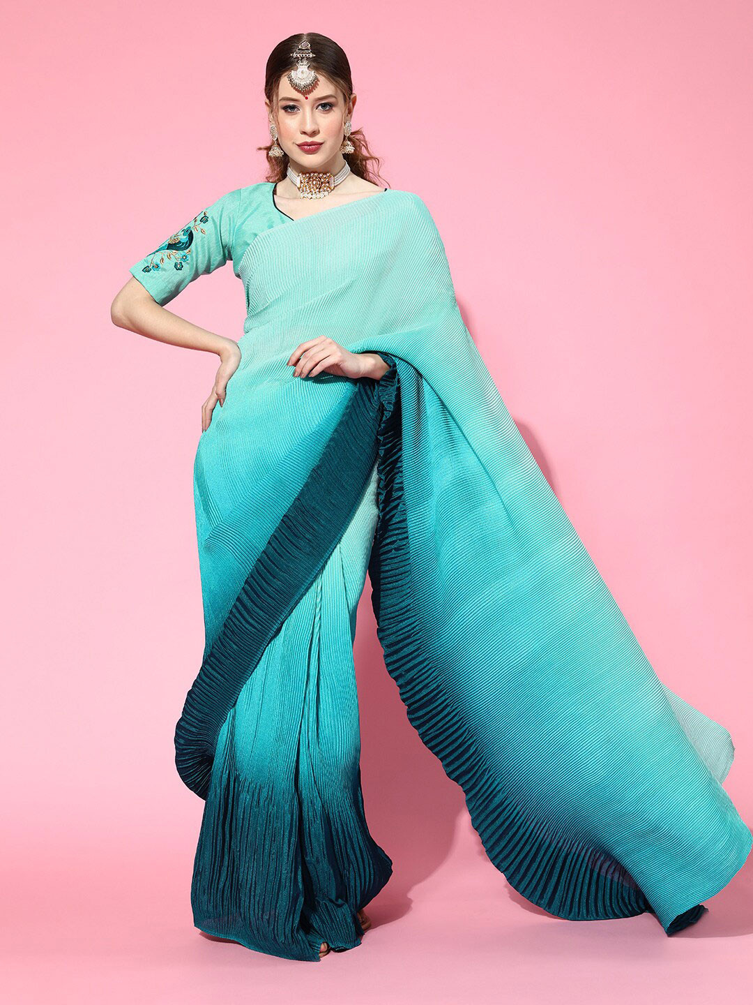 

Mitera Blue Ombre Pleated Saree