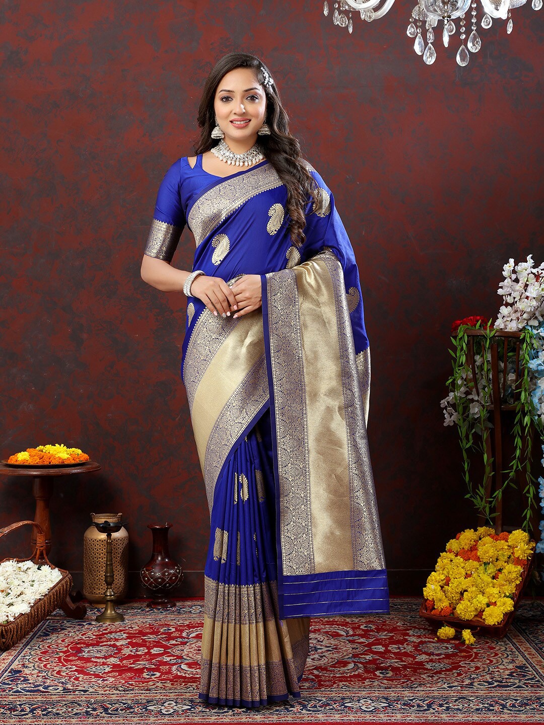 

KALINI Paisley Woven Design Banarasi Zari Saree, Blue