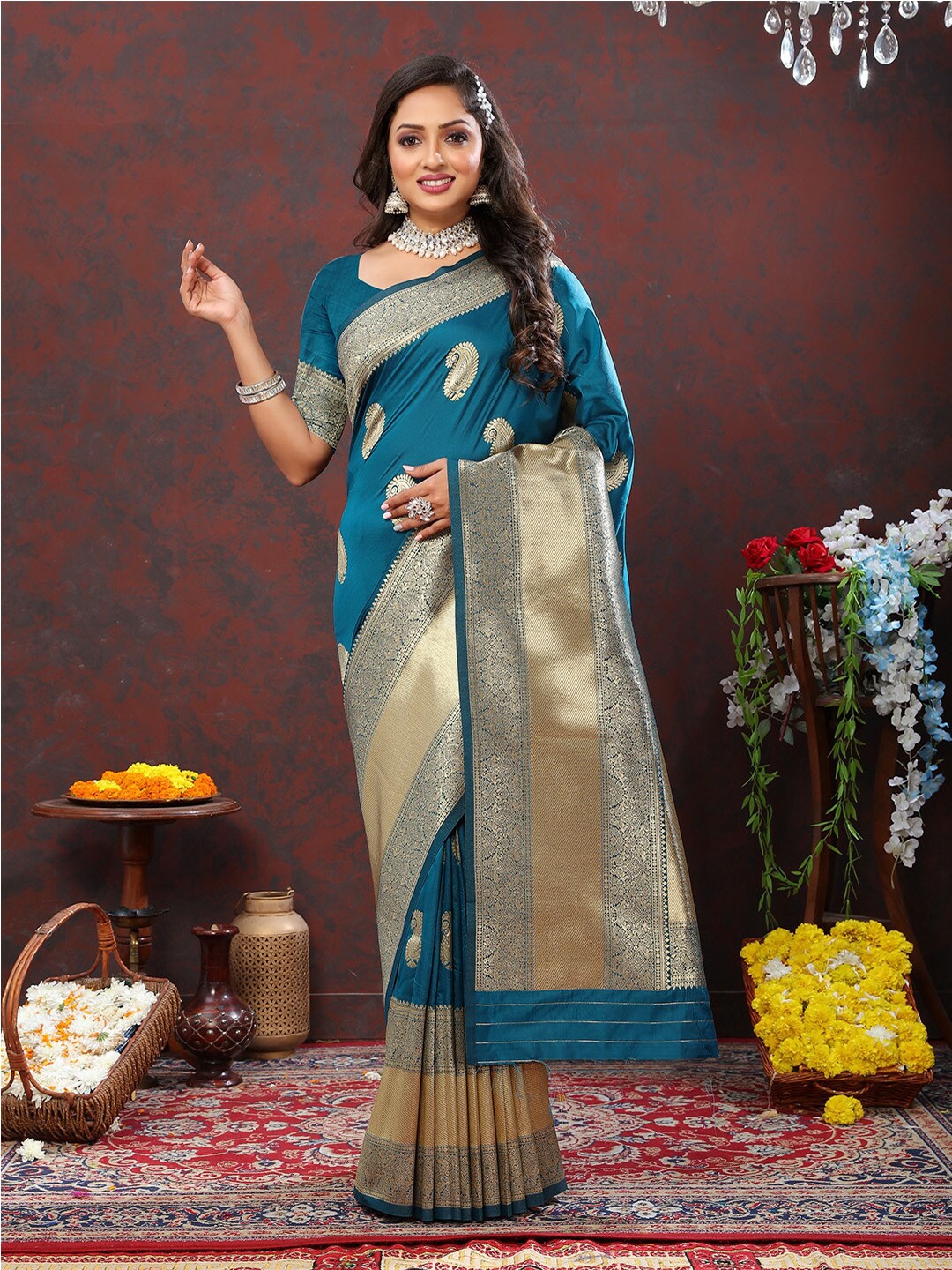 

KALINI Ethnic Motifs Woven Design Banarasi Zari Saree, Teal