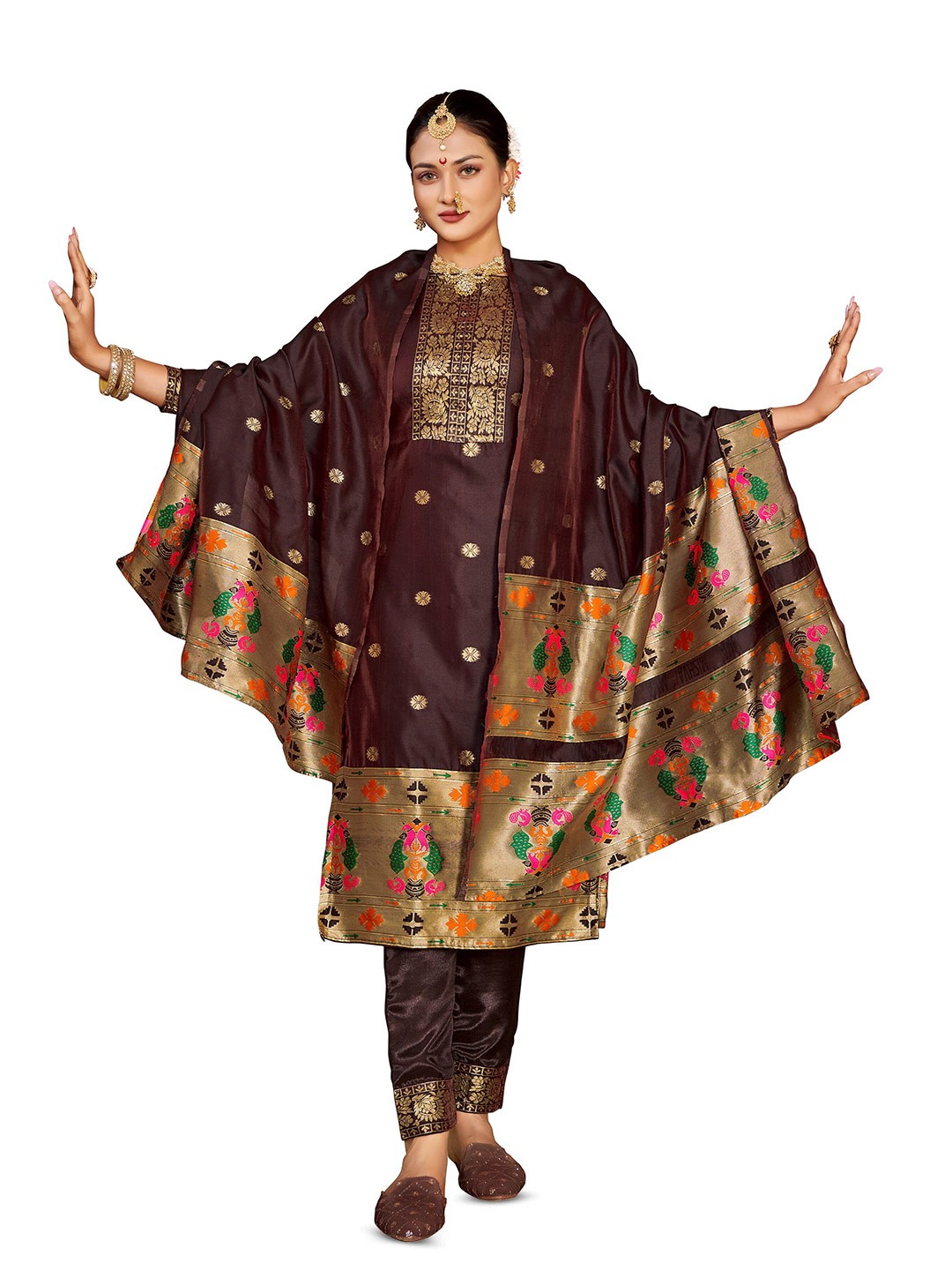 

KALINI Floral Woven Design Unstitched Dress Material, Coffee brown