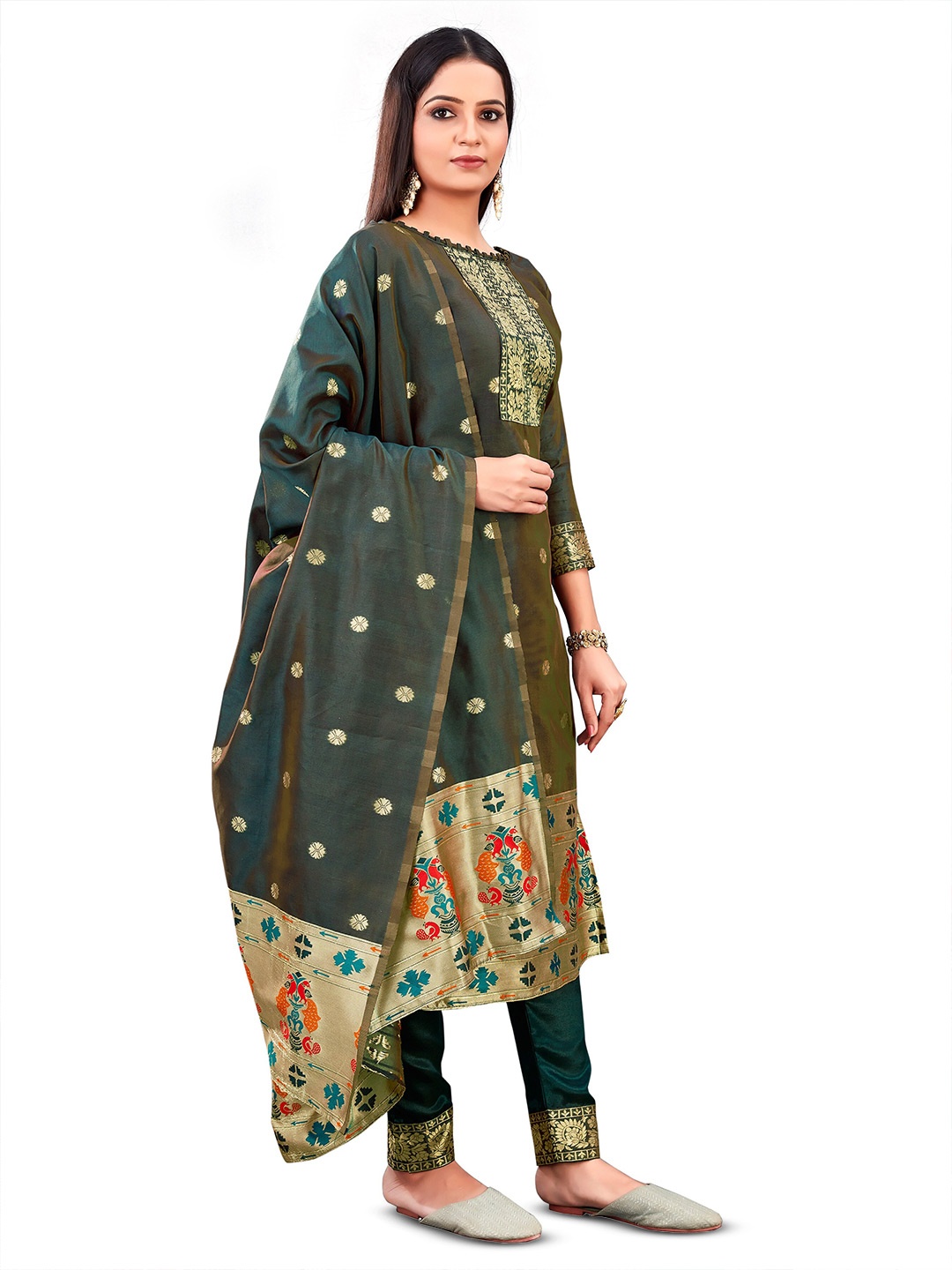 

KALINI Floral Woven Design Unstitched Dress Material, Green