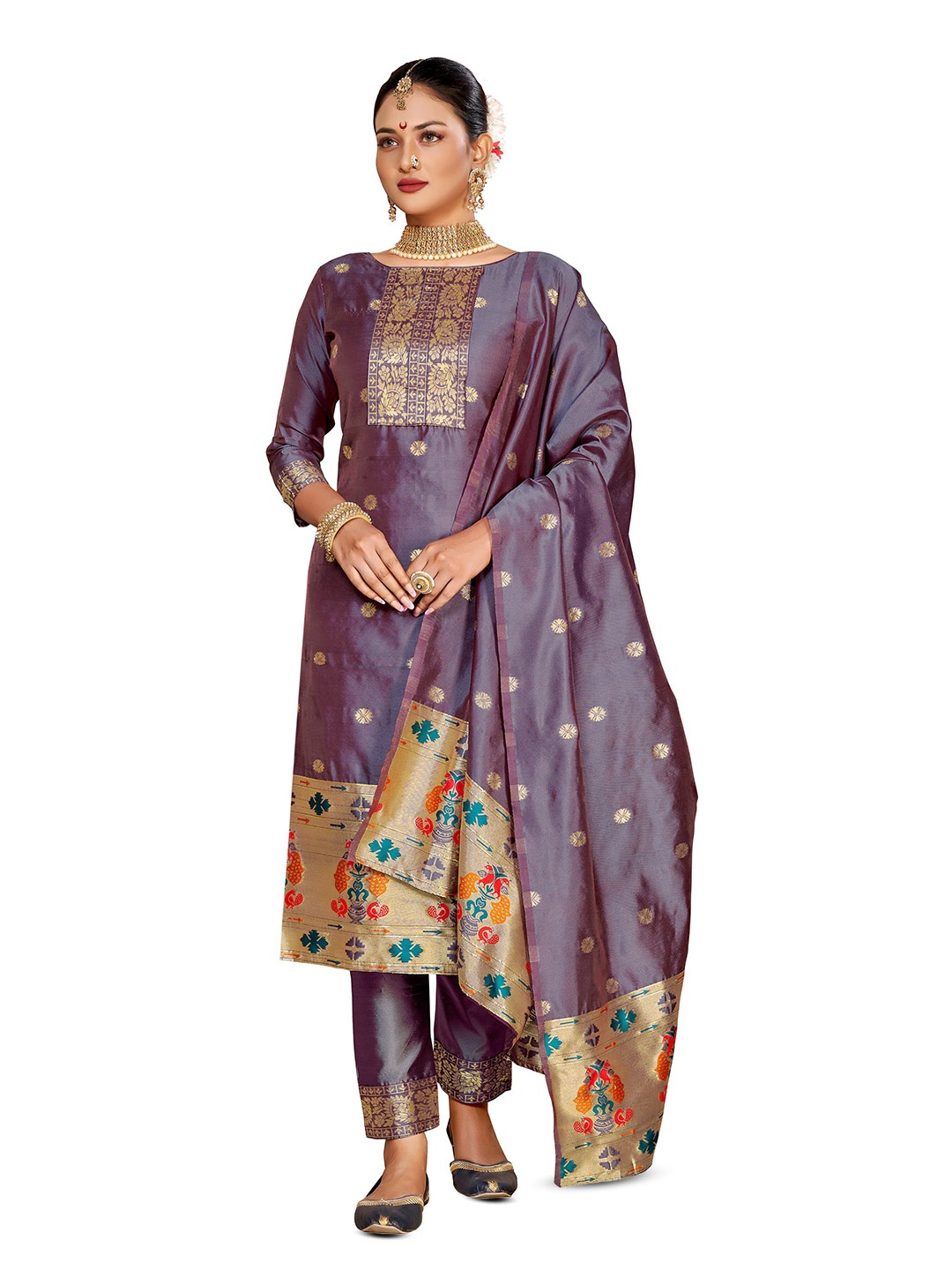 

KALINI Floral Woven Design Unstitched Dress Material, Grey