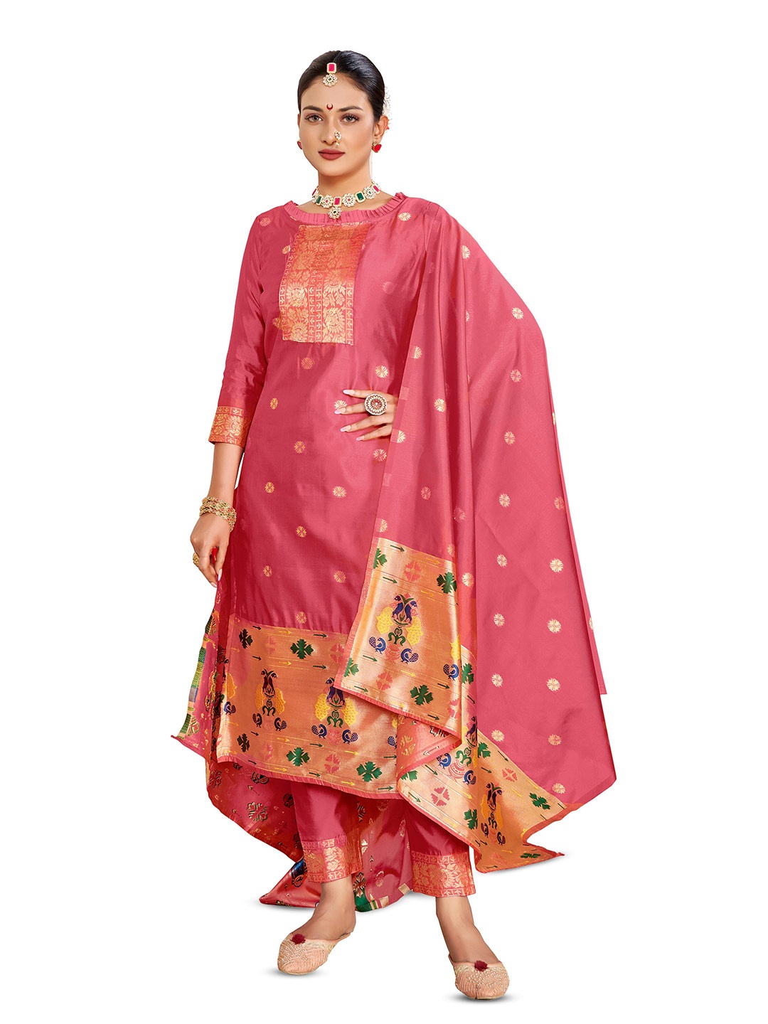 

KALINI Floral Woven Design Unstitched Dress Material, Pink