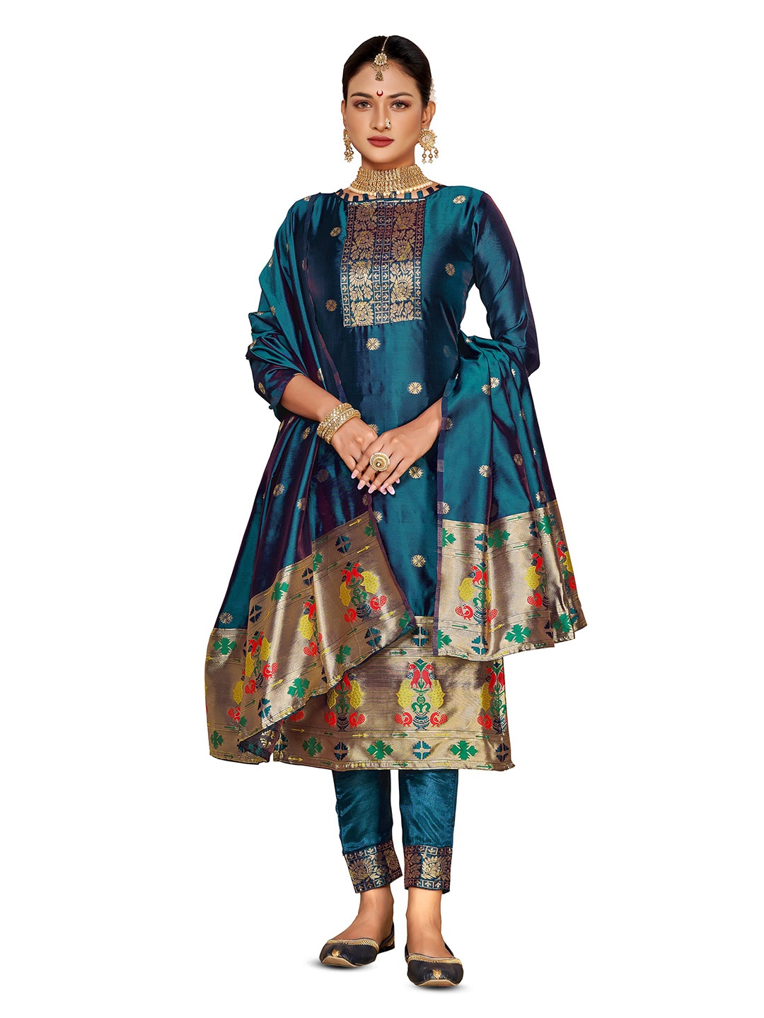 

KALINI Ethnic Motifs Woven Design Zari Unstitched Dress Material, Blue