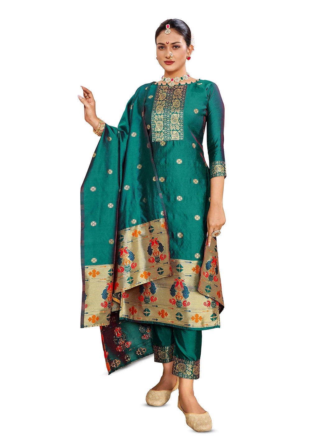 

KALINI Ethnic Motifs Woven Design Unstitched Dress Material, Green