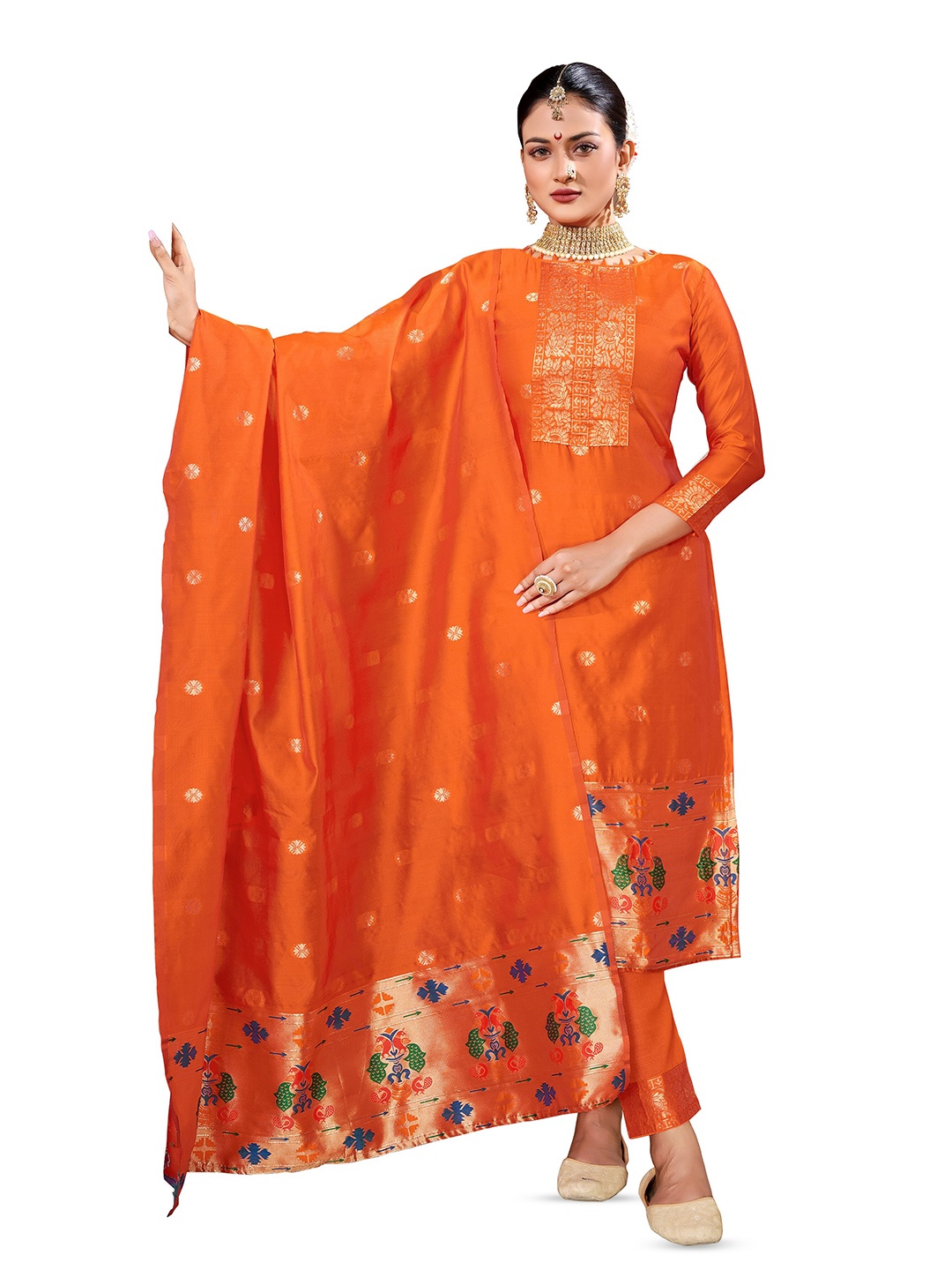 

KALINI Ethnic Motifs Woven Design Unstitched Dress Material, Orange