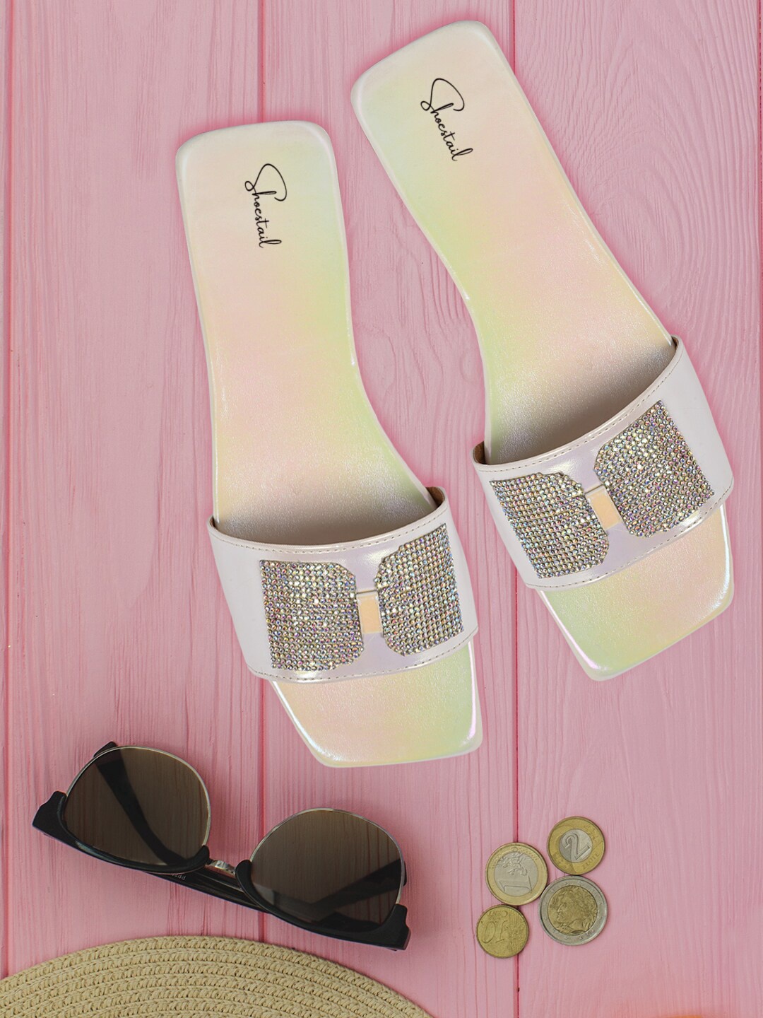 

Shoestail Embellished Open Toe Flats, White