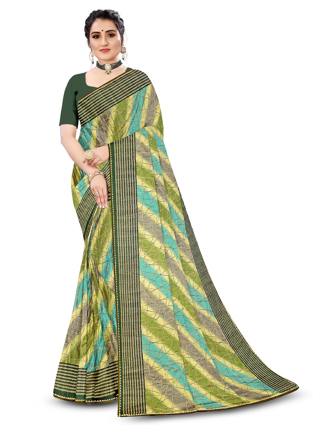 

Reboot Fashions Abstract Printed Gotta Patti Leheriya Saree, Green