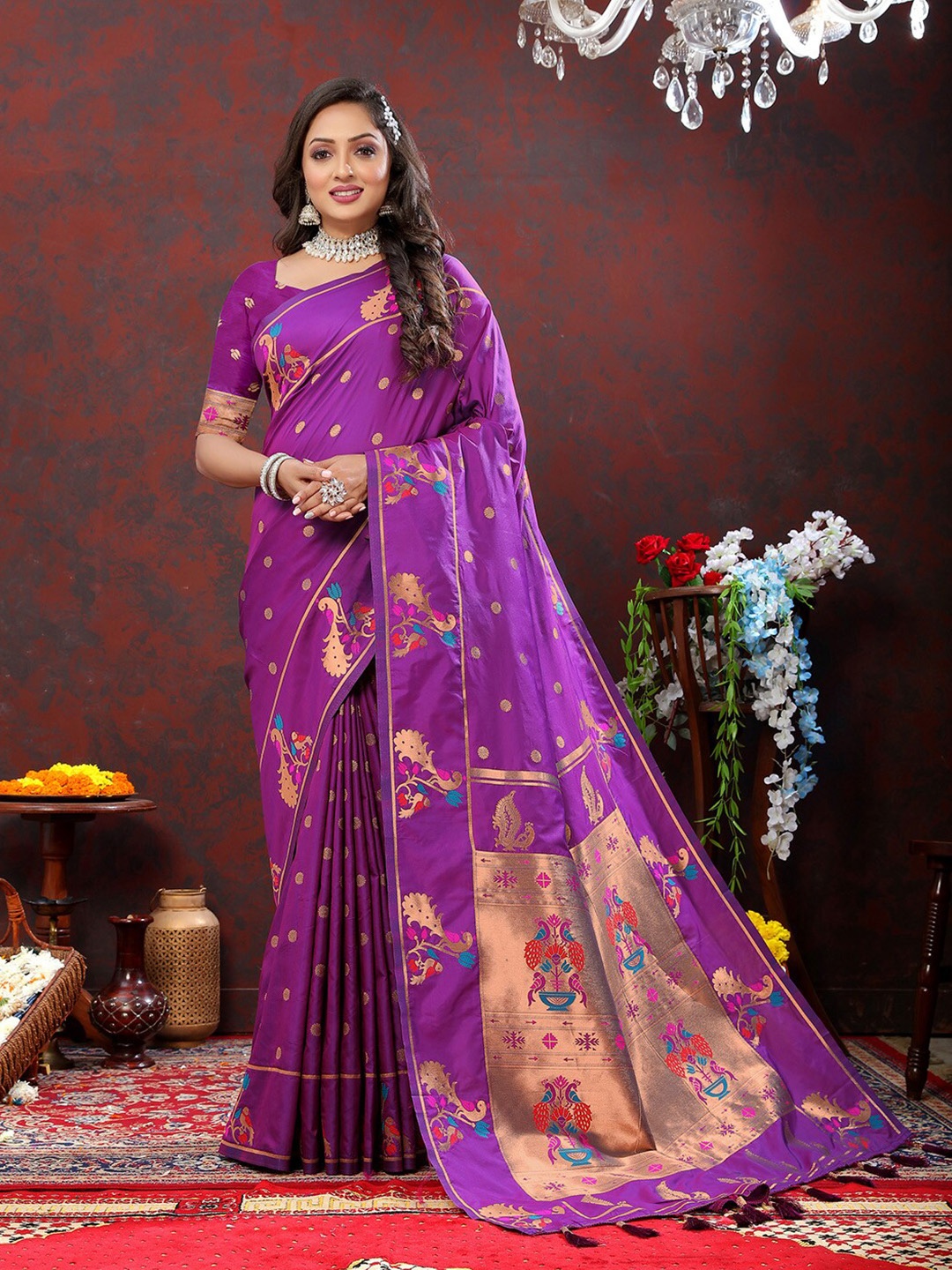 

KALINI Ethnic Motifs Woven Design Zari Paithani Saree, Burgundy