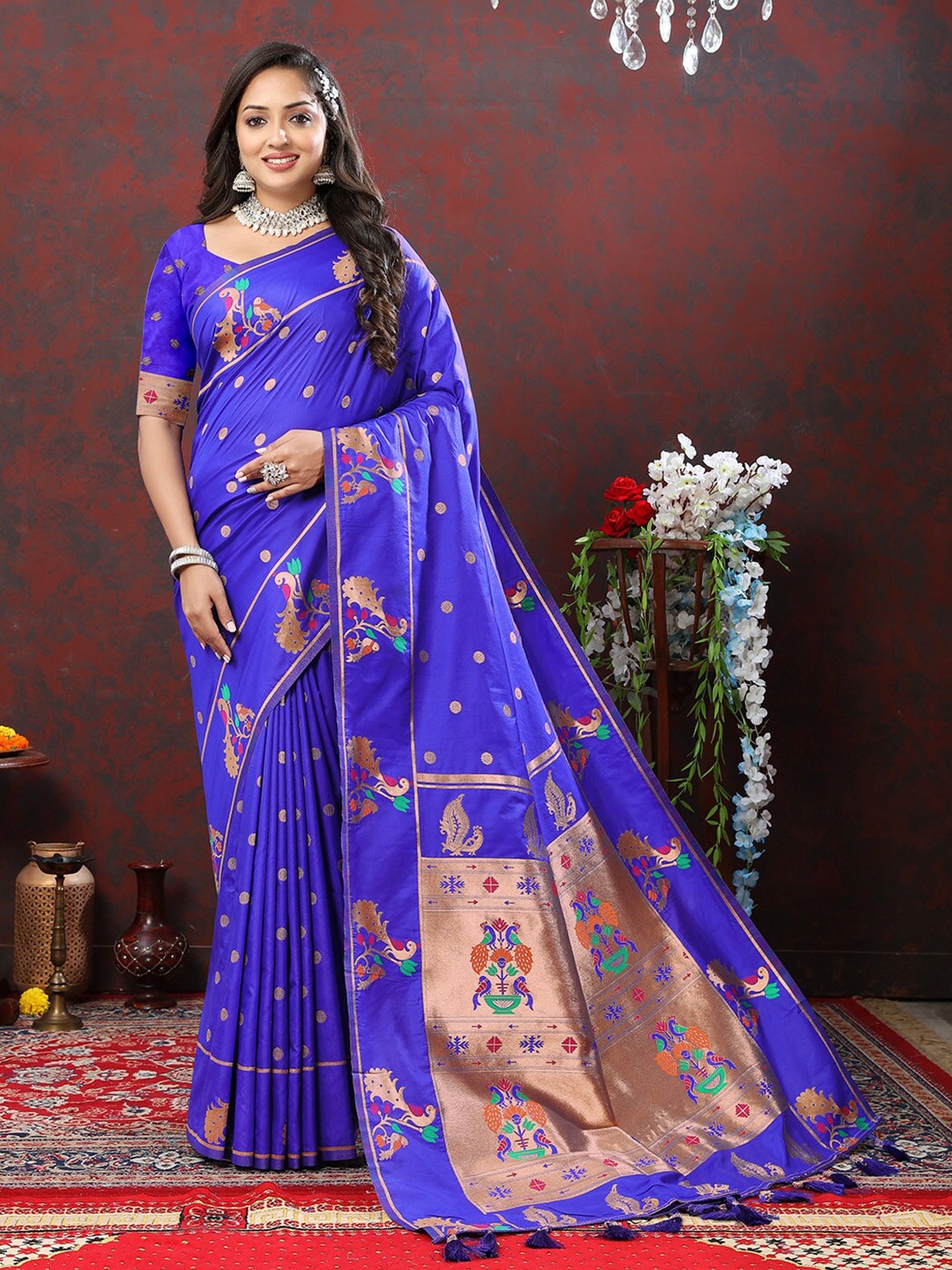 

KALINI Ethnic Motifs Woven Design Zari Paithani Saree, Blue