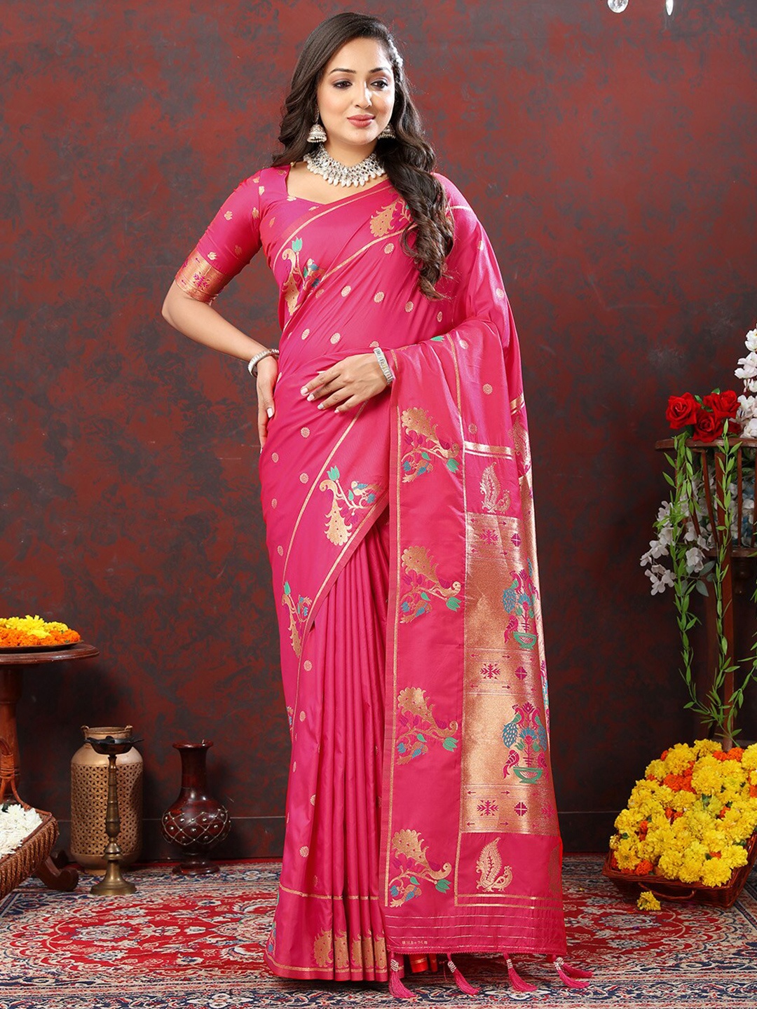 

KALINI Ethnic Motifs Woven Design Zari Paithani Saree, Pink