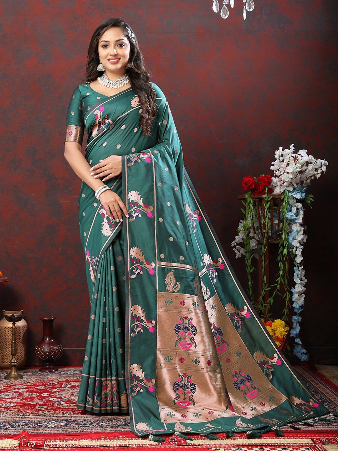 

KALINI Ethnic Motifs Woven Design Zari Paithani Saree, Green