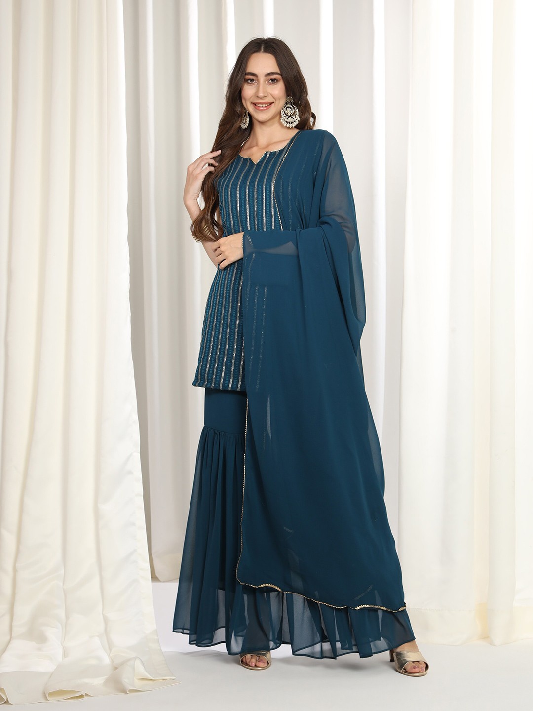 

KALINI Striped Embroidered Printed Straight Kurta With Sharara & Dupatta, Blue