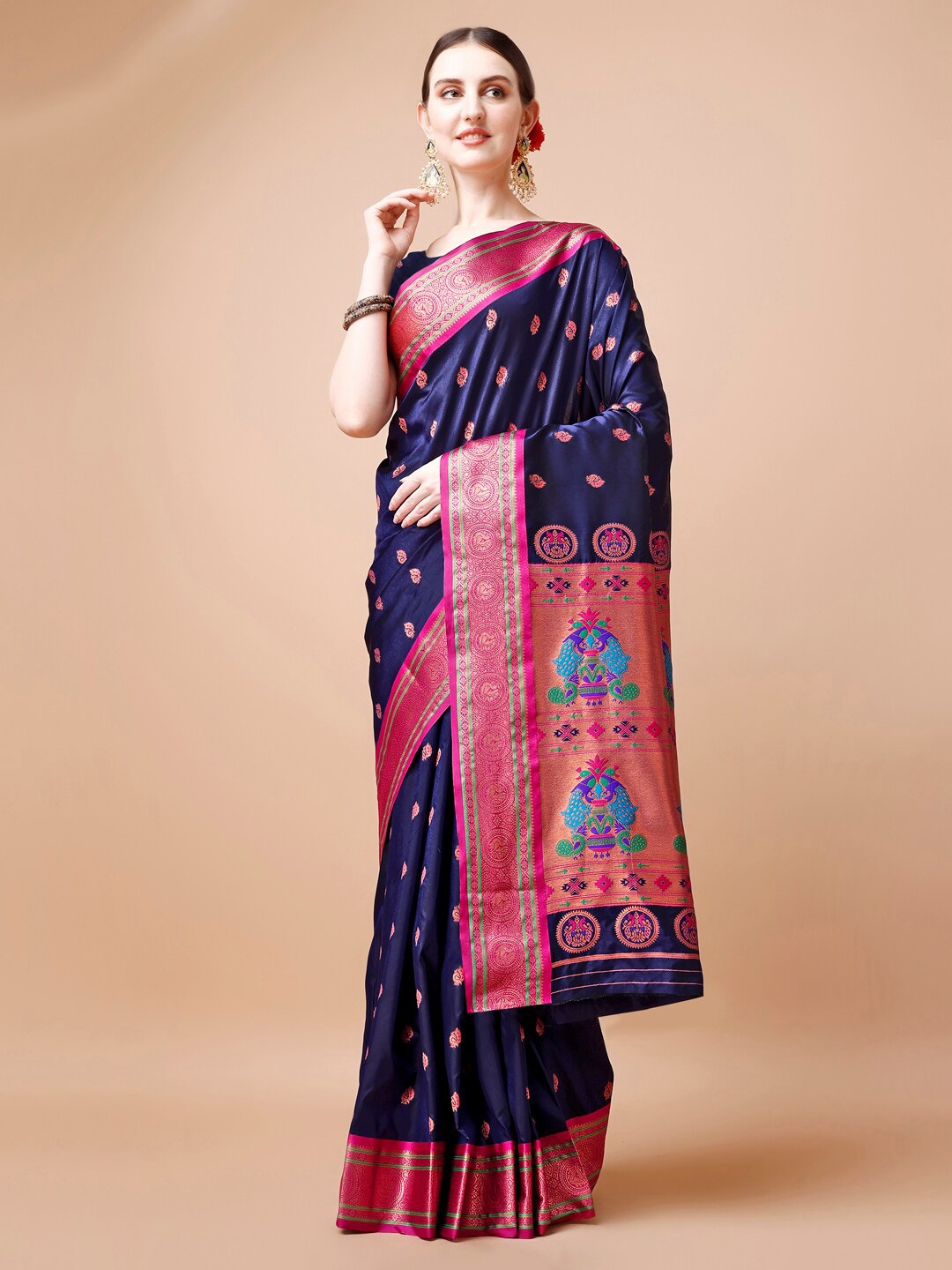 

JUST FASHION Ethnic Motifs Woven Design Paithani Zari Saree, Navy blue