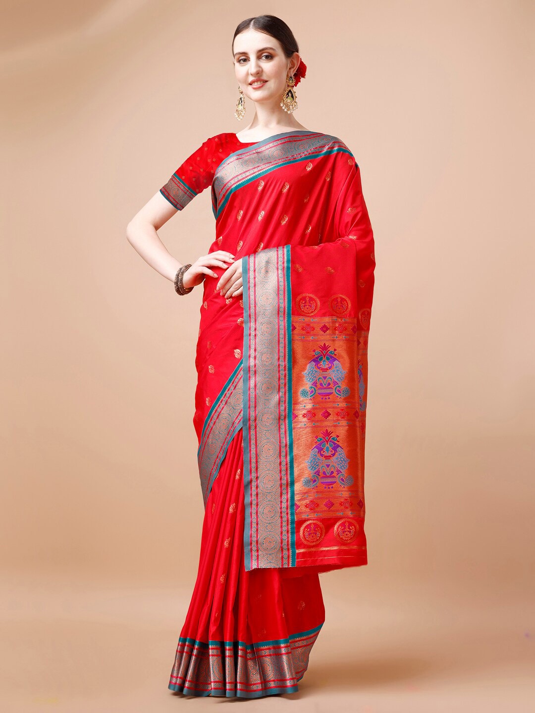 

JUST FASHION Ethnic Motifs Woven Design Paithani Zari Saree, Red