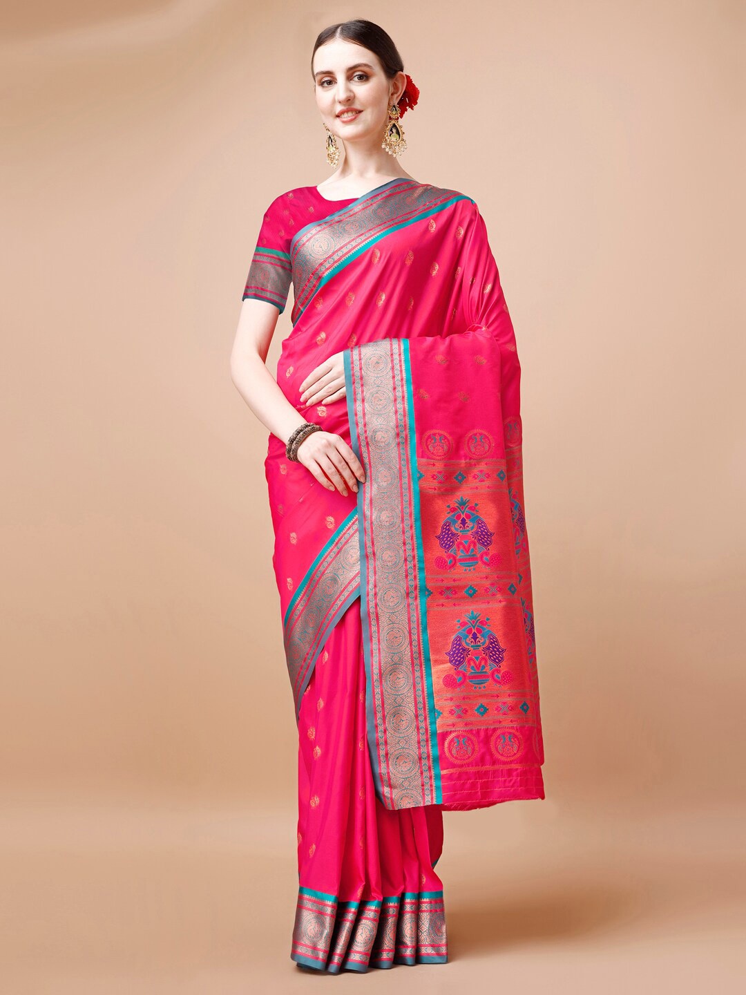 

JUST FASHION Ethnic Motifs Woven Design Paithani Zari Saree, Pink