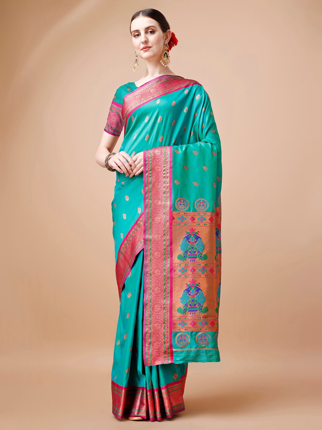 

JUST FASHION Ethnic Motifs Woven Design Paithani Zari Saree, Turquoise blue