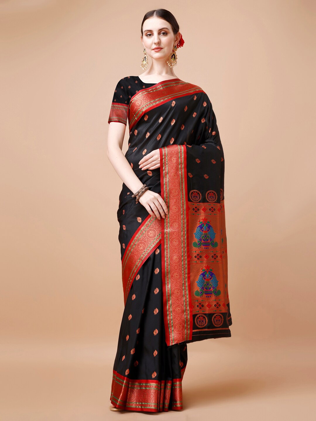

JUST FASHION Ethnic Motifs Woven Design Paithani Zari Saree, Black
