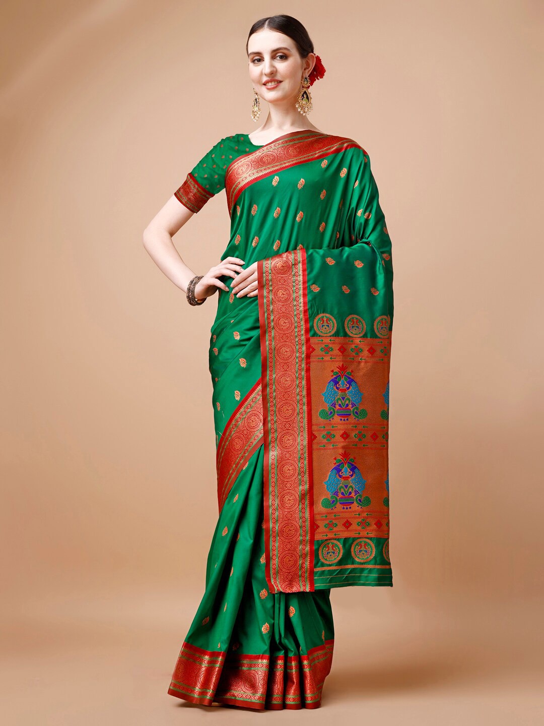 

JUST FASHION Ethnic Motifs Woven Design Paithani Zari Saree, Green