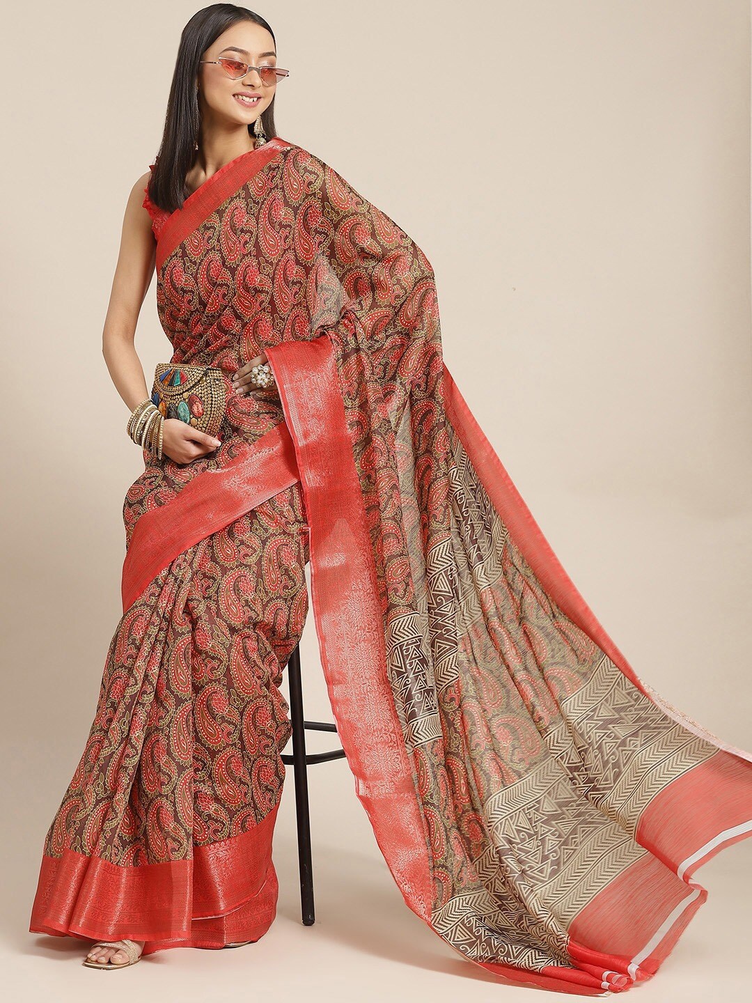 

Mitera Red Paisley Printed Zari Saree