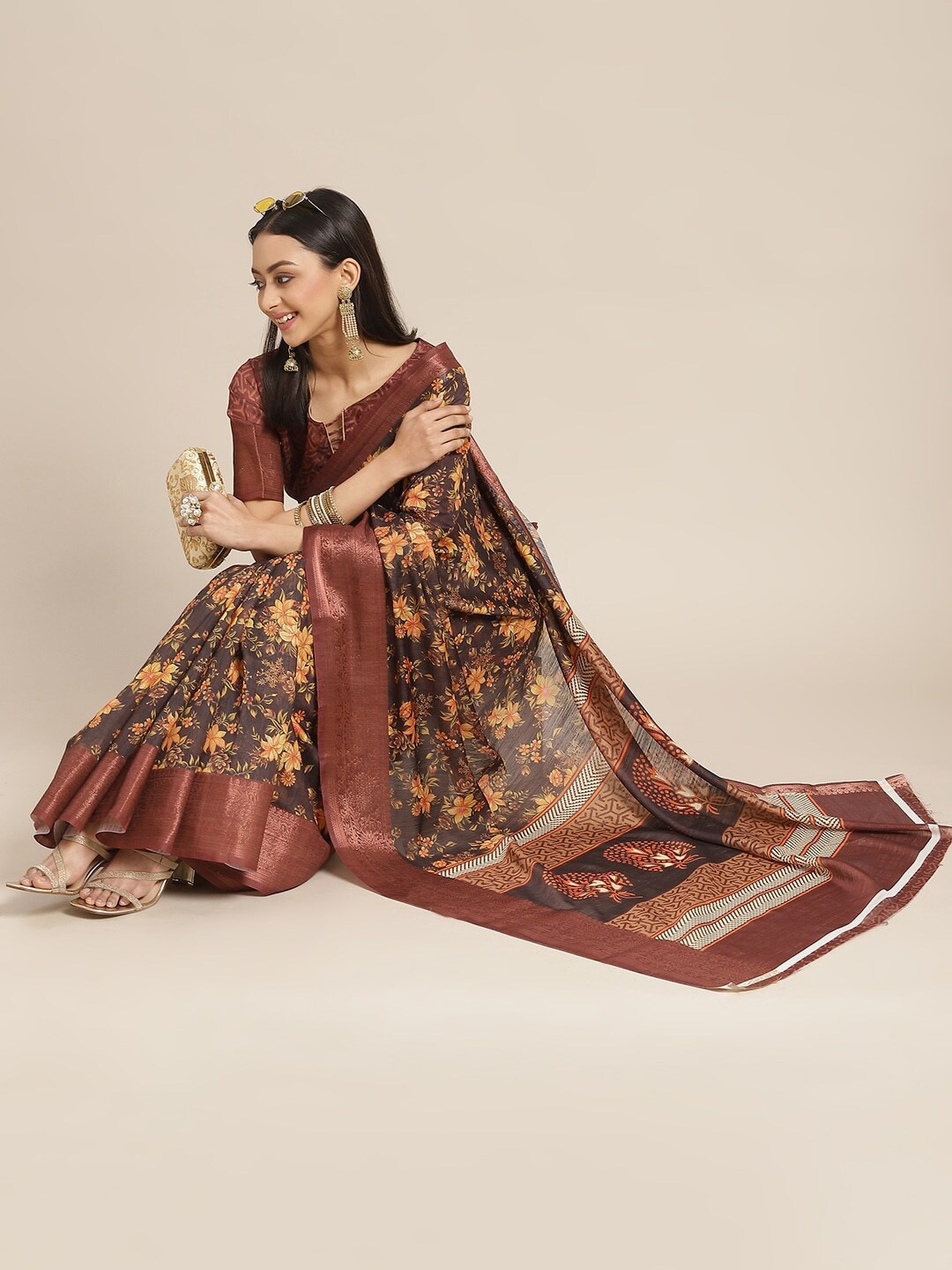 

Mitera Black Floral Printed Zari Saree