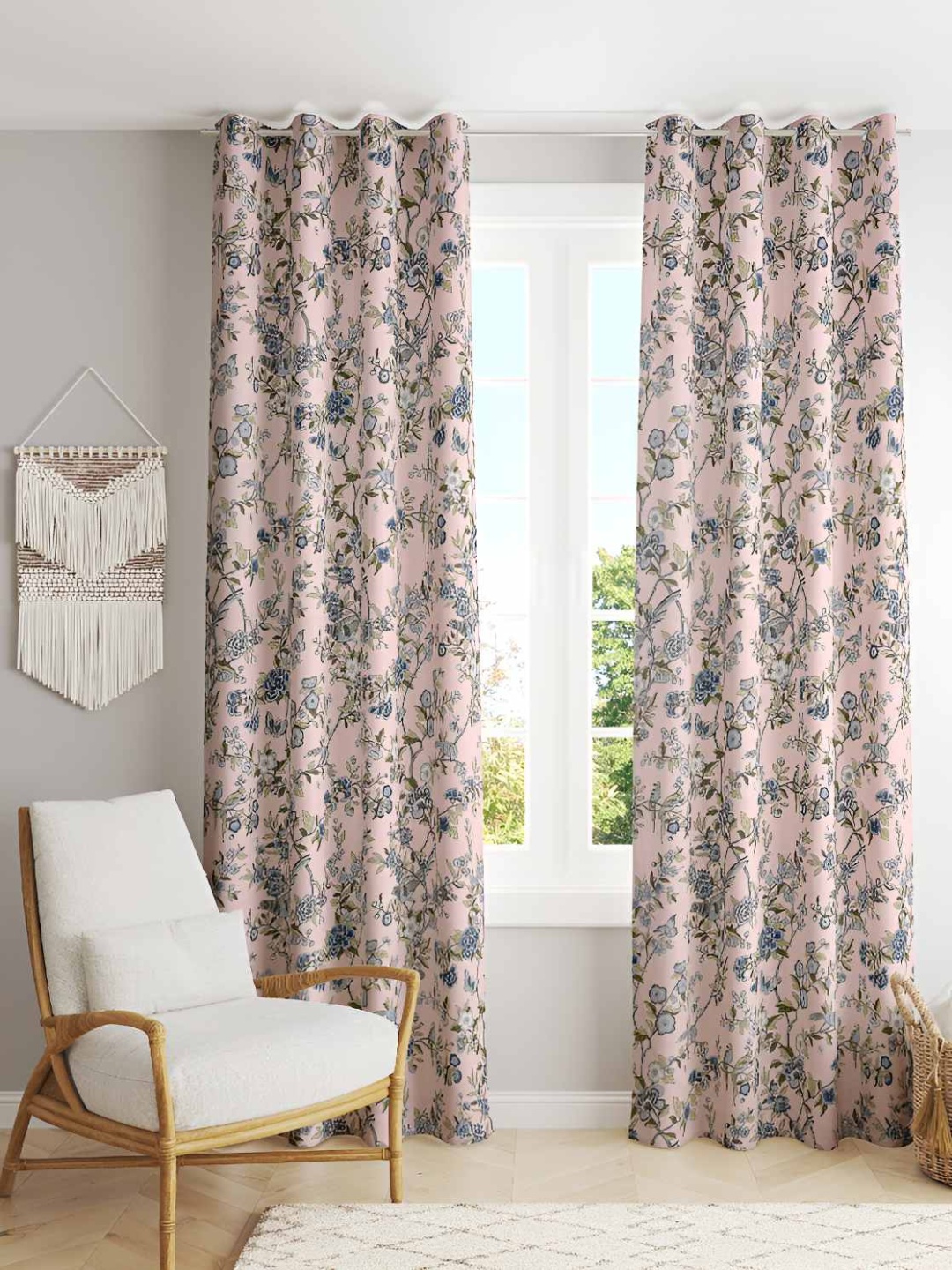 Jinaya's Pink & Blue 2 Pieces Floral Printed Cotton Window Curtains
