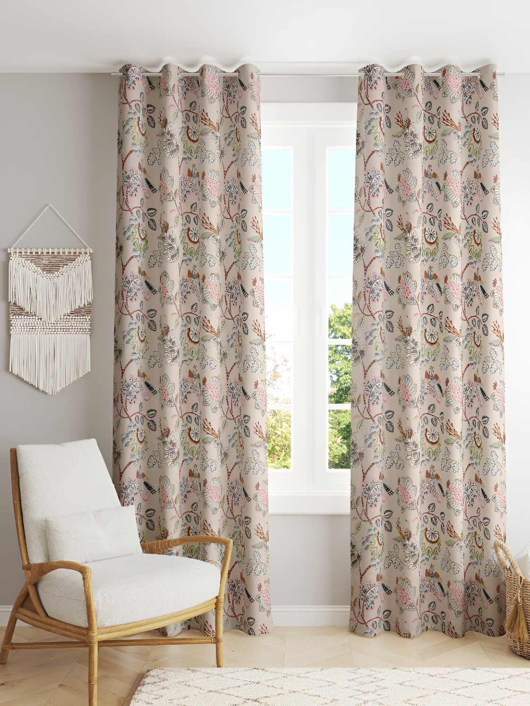 

Jinaya's Beige & Red 2 Pieces Floral Printed Cotton Door Curtain