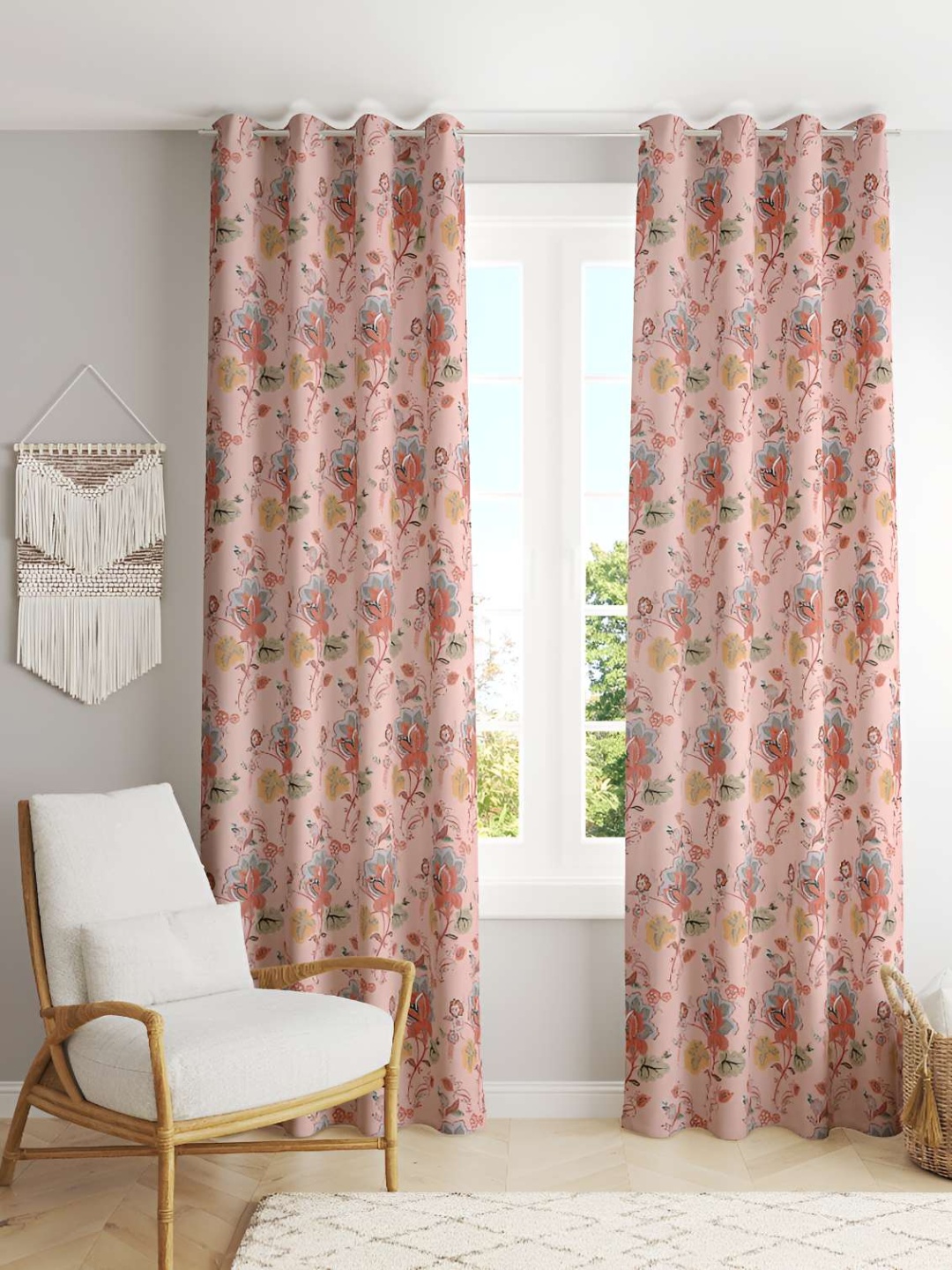 

Jinaya's Beige and Blue 2 Pieces Printed Cotton Window Curtains