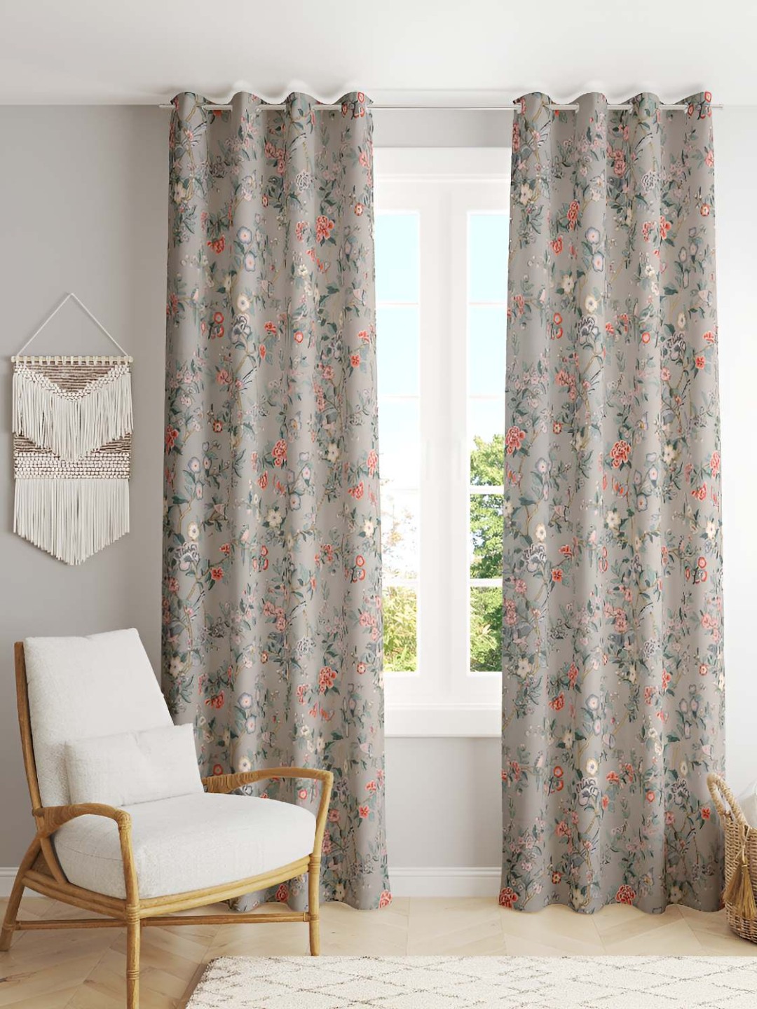 

Jinaya's Grey & Green 2 Pieces Floral Printed Cotton Black Out Window Curtains