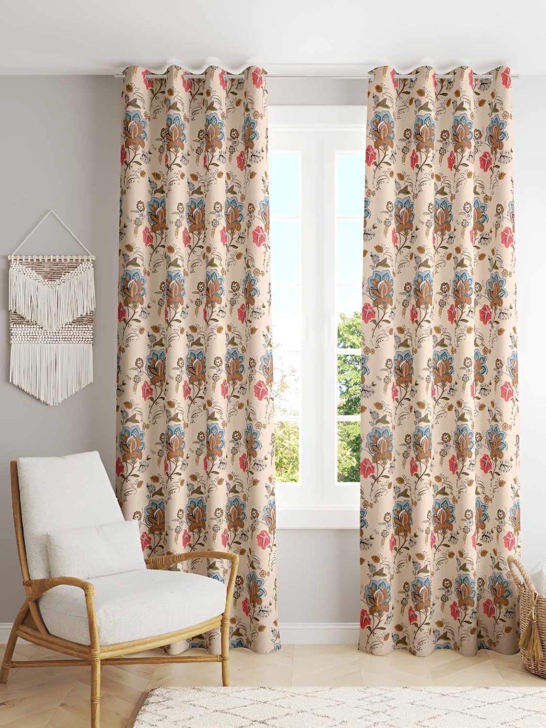 

Jinaya's Cream & Red 2 Pieces Floral Printed Cotton Black Out Window Curtains
