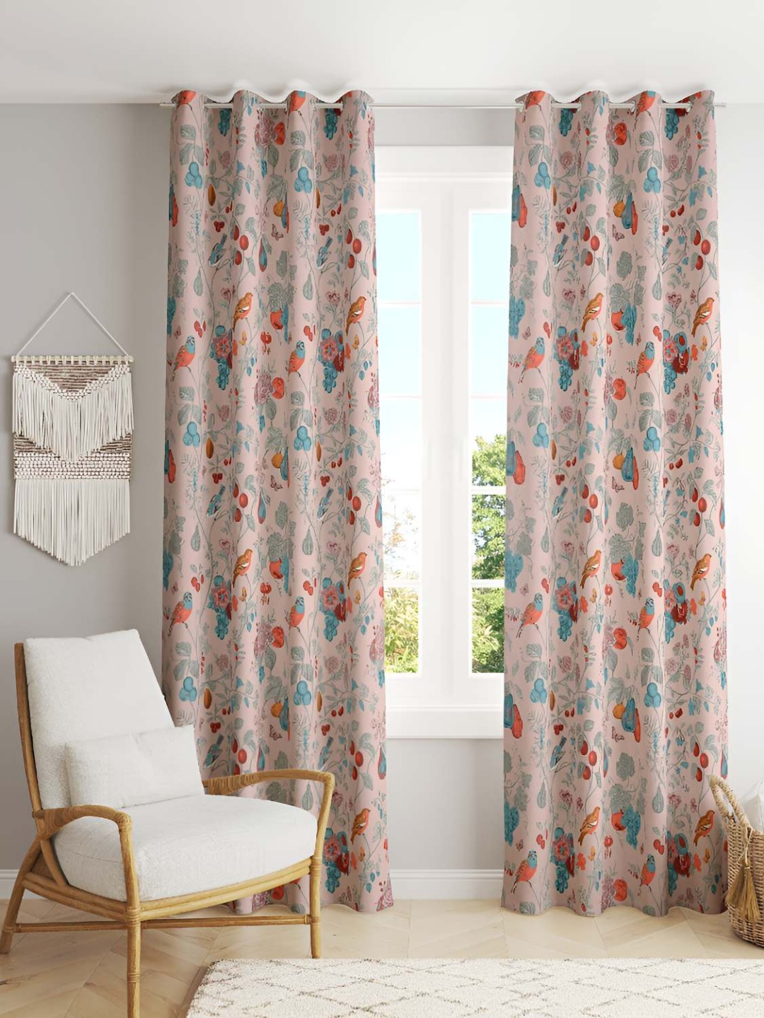 

Jinaya's Peach & Blue 2 Pieces Floral Cotton Eyelet Window Curtains
