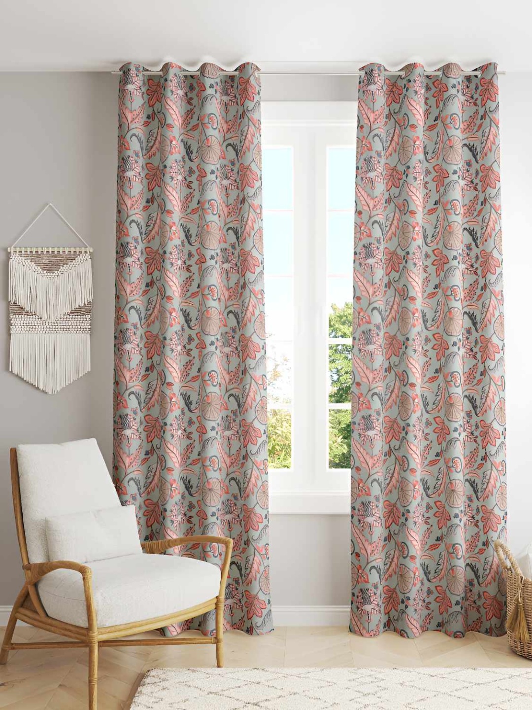 

Jinaya's Grey & Orange 2 Pieces Floral Printed Cotton Blackout Window Curtain