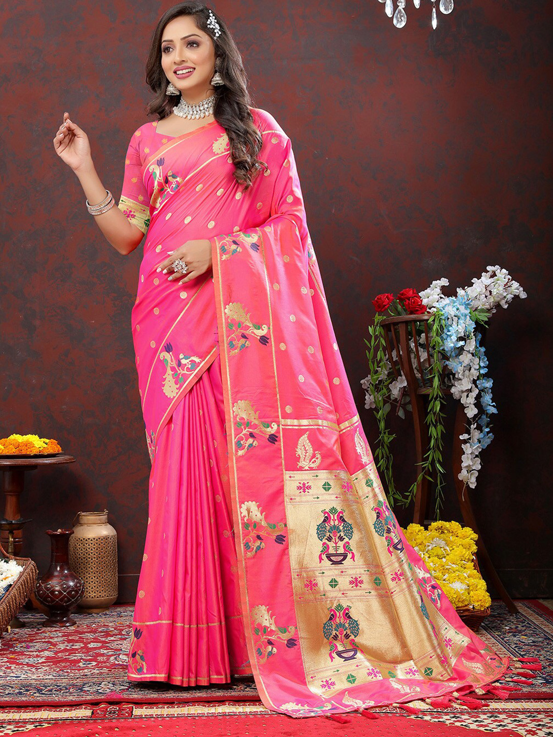 

KALINI Ethnic Motifs Woven Design Zari Paithani Saree, Pink
