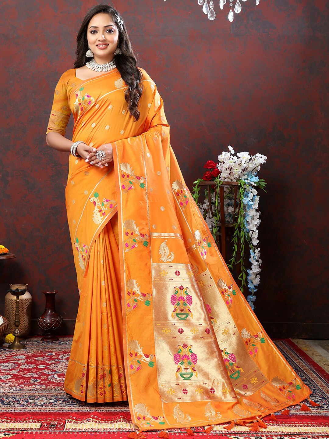 

KALINI Ethnic Motifs Woven Design Zari Paithani Saree, Orange