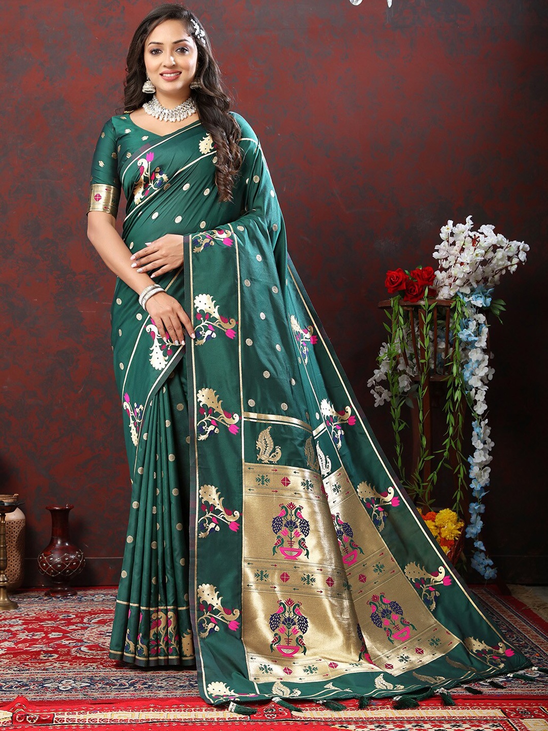 

KALINI Ethnic Motifs Woven Design Zari Paithani Saree, Green