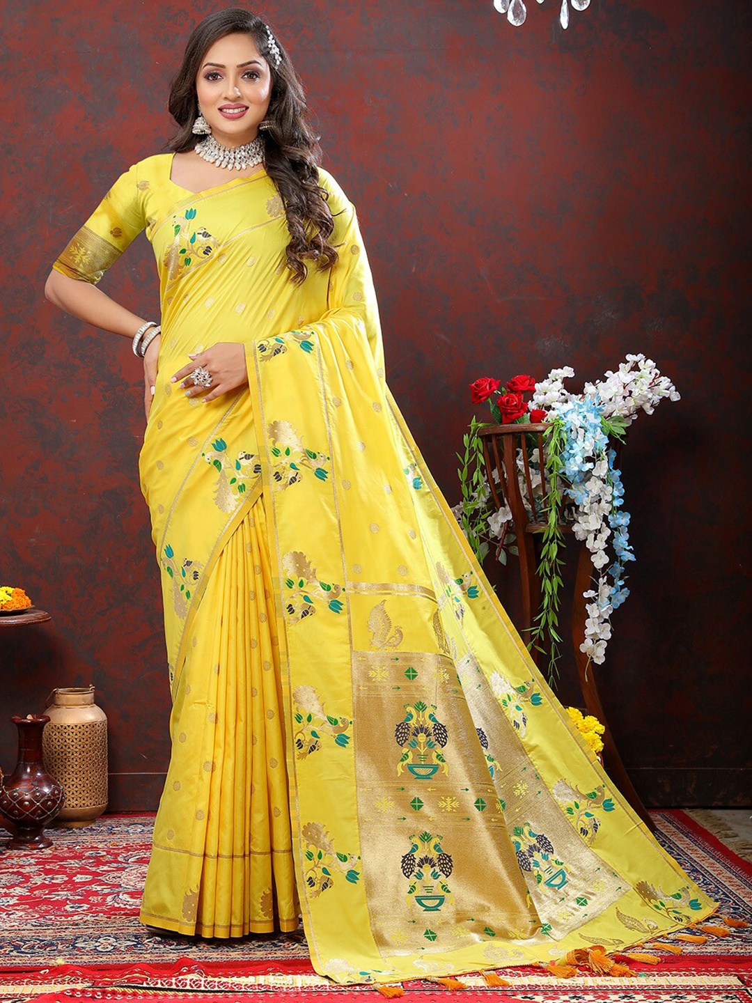 

KALINI Ethnic Motifs Woven Design Zari Paithani Saree, Yellow