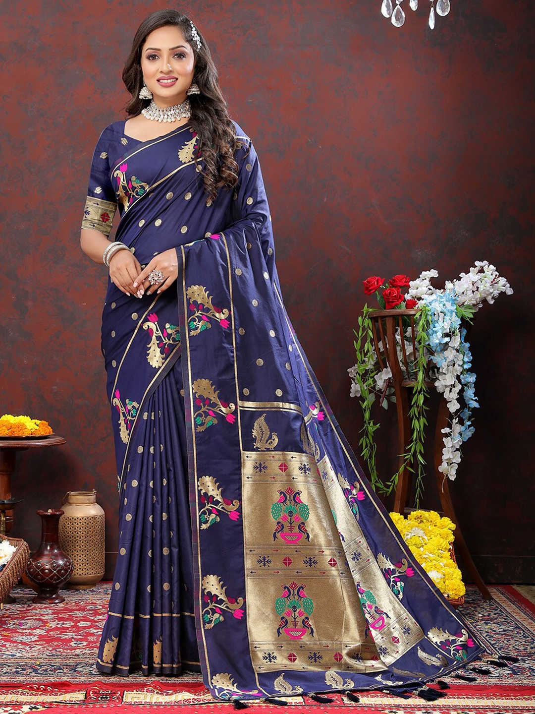 

KALINI Ethnic Motifs Woven Design Zari Paithani Saree, Navy blue