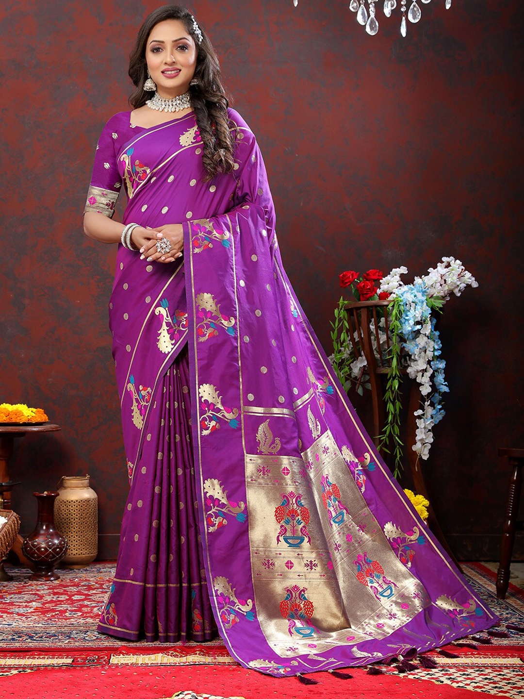 

KALINI Ethnic Motifs Woven Design Zari Paithani Saree, Burgundy