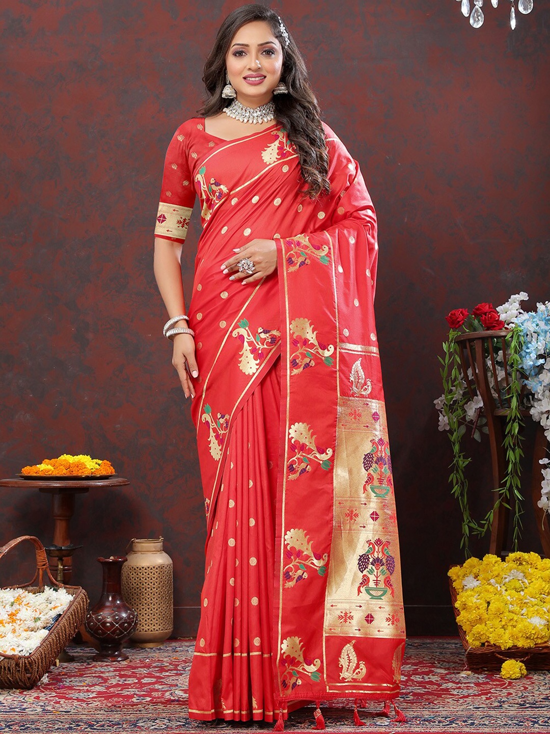 

KALINI Ethnic Motifs Woven Design Zari Paithani Saree, Red