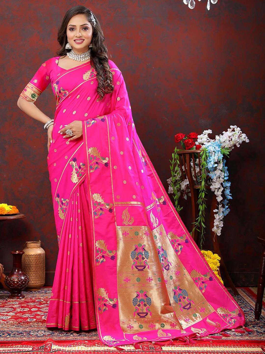 

KALINI Ethnic Motifs Woven Design Zari Paithani Saree, Magenta