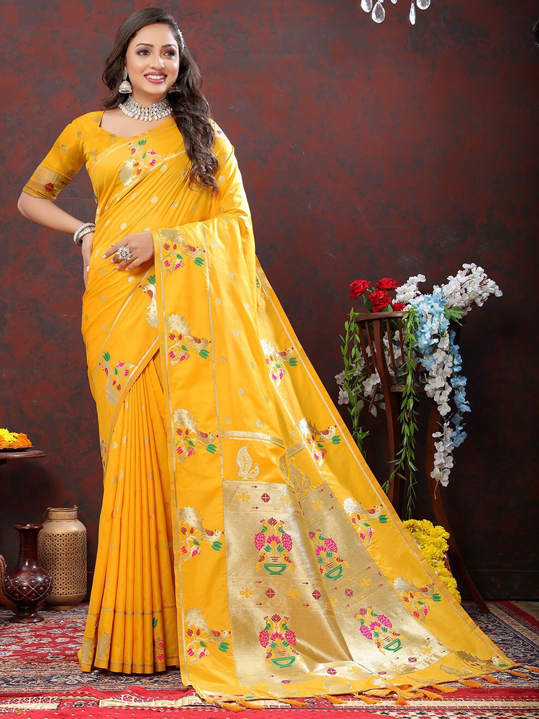 

KALINI Ethnic Motifs Woven Design Zari Paithani Saree, Gold