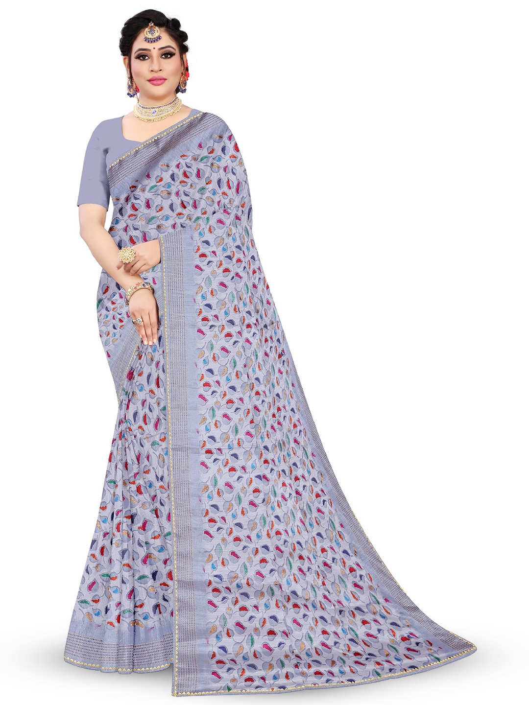 

Reboot Fashions Geometric Printed Maheshwari Saree, Grey