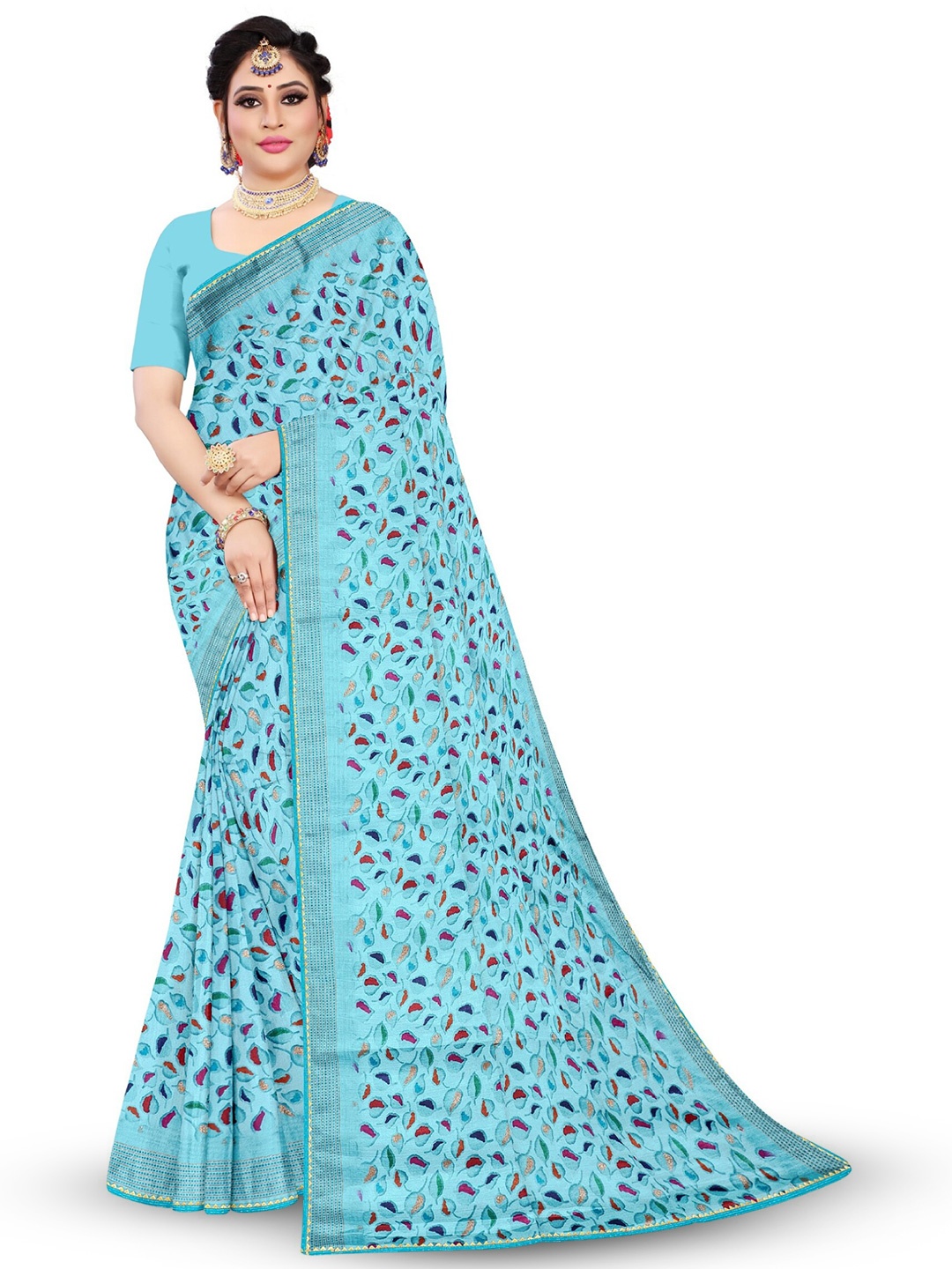 

Reboot Fashions Floral Printed Gotta Patti Embellished Maheshwari Saree, Blue