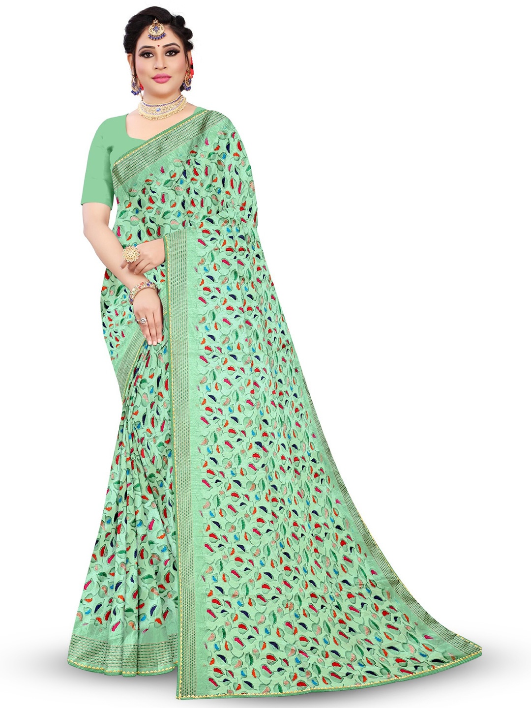 

Reboot Fashions Printed Maheshwari Saree, Green