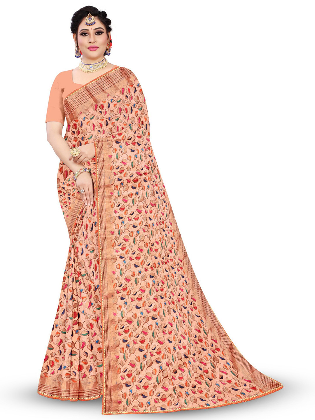 

Reboot Fashions Floral Printed Embellished Maheshwari Saree, Peach